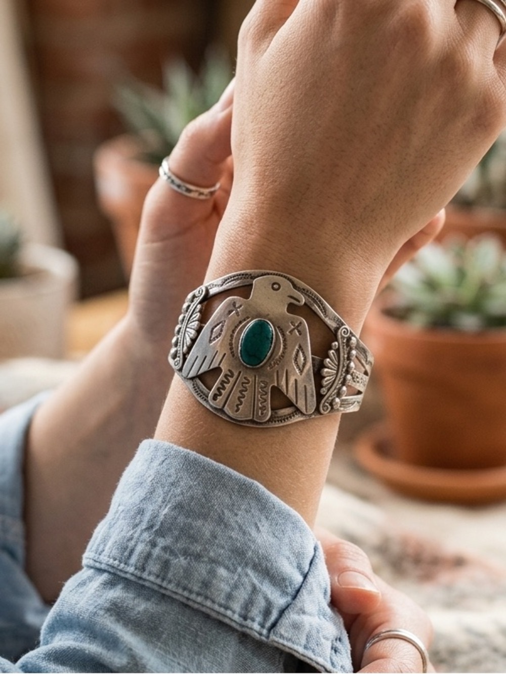 Vintage Silversmith Crafted Thunderbird Cuff w Turquoise
